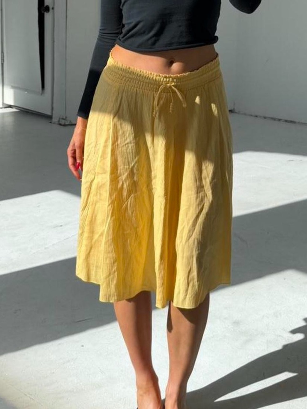 Flowy Yellow A-Line Cotton Midi Skirt - Picture 2 of 7